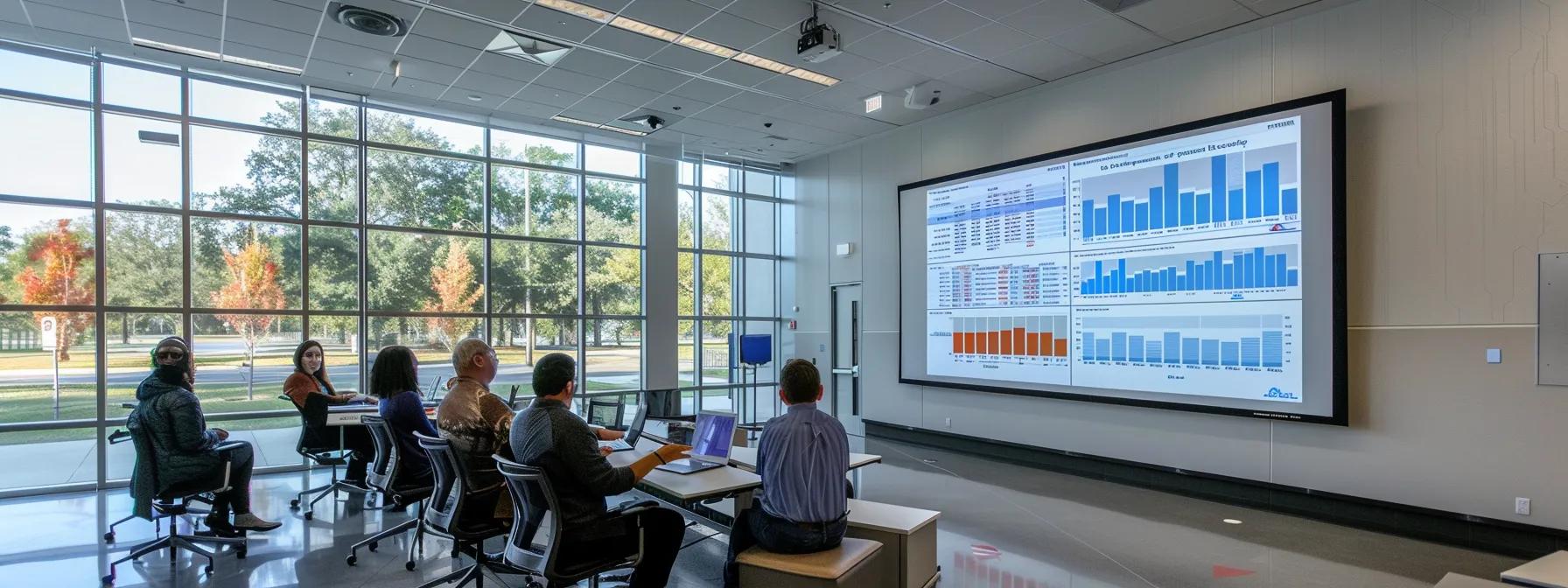 a sleek modern office conference room features a large digital display showcasing a detailed comparison chart of lab-grown versus natural diamonds, surrounded by attentive professionals engaged in a spirited discussion on cost and investment value.