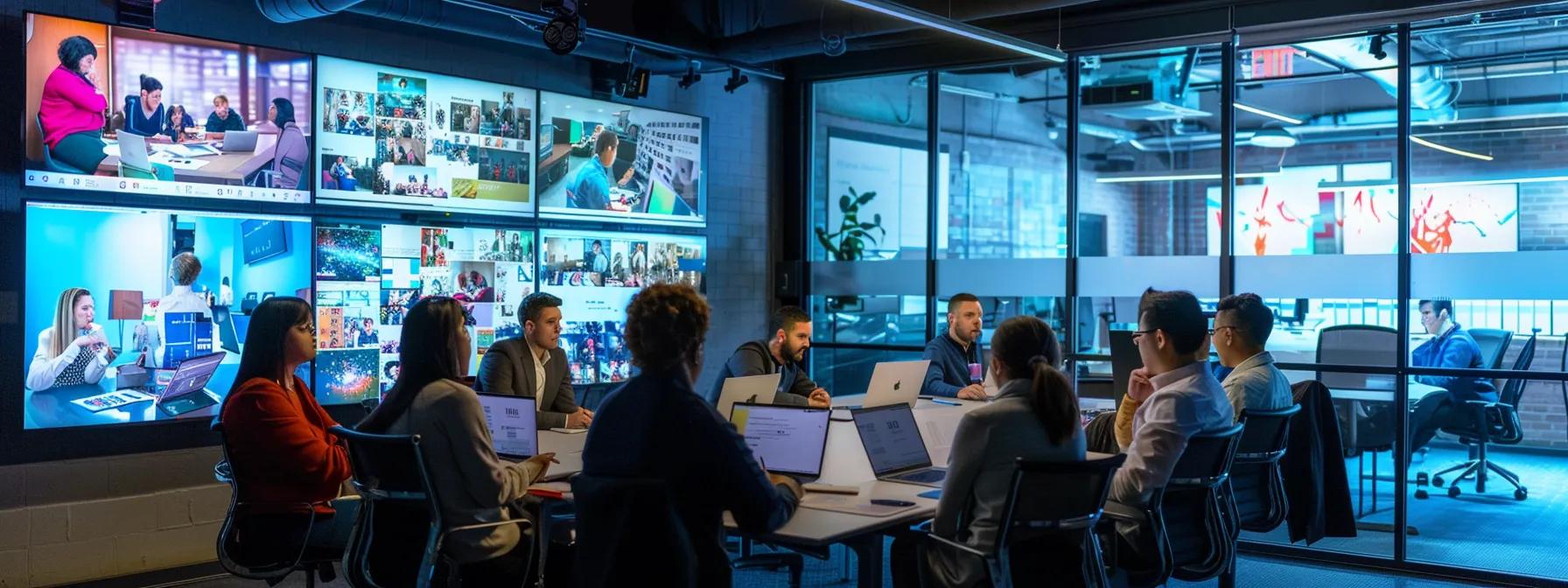 a sleek, modern office conference room filled with diverse professionals engaging in a dynamic brainstorming session over video production storyboards, illuminated by soft overhead lighting that enhances the vibrant colors of their collaborative materials.