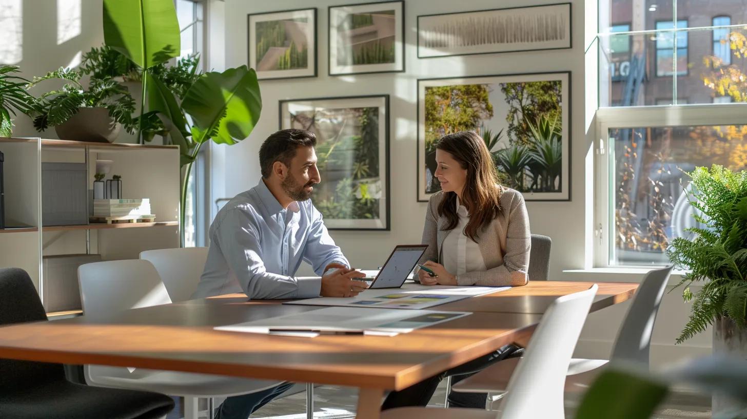 a sleek, modern office consultation room with a polished table, where a professional landscaper is engaged in a focused discussion with a client, showcasing design plans on a tablet, embodying clarity, professionalism, and a collaborative spirit.