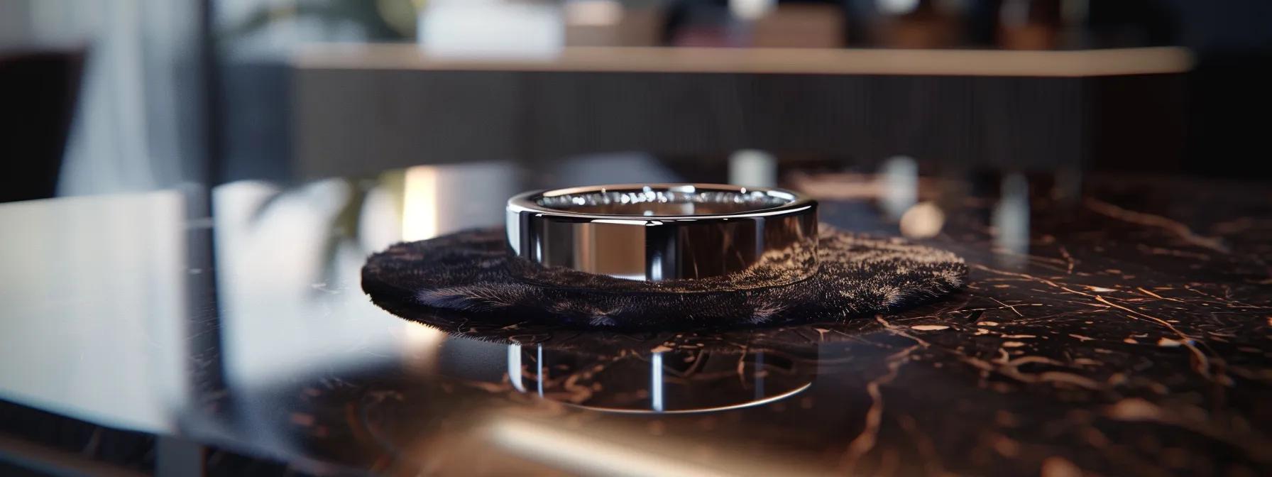 a sleek, modern office countertop showcases a polished men's sterling silver ring resting on a soft, dark velvet cloth, illuminated by warm, focused lighting to highlight its radiant shine and craftsmanship. a sleek, modern office countertop showcases a polished men's sterling silver ring resting on a soft, dark velvet cloth, illuminated by warm, focused lighting to highlight its radiant shine and craftsmanship.