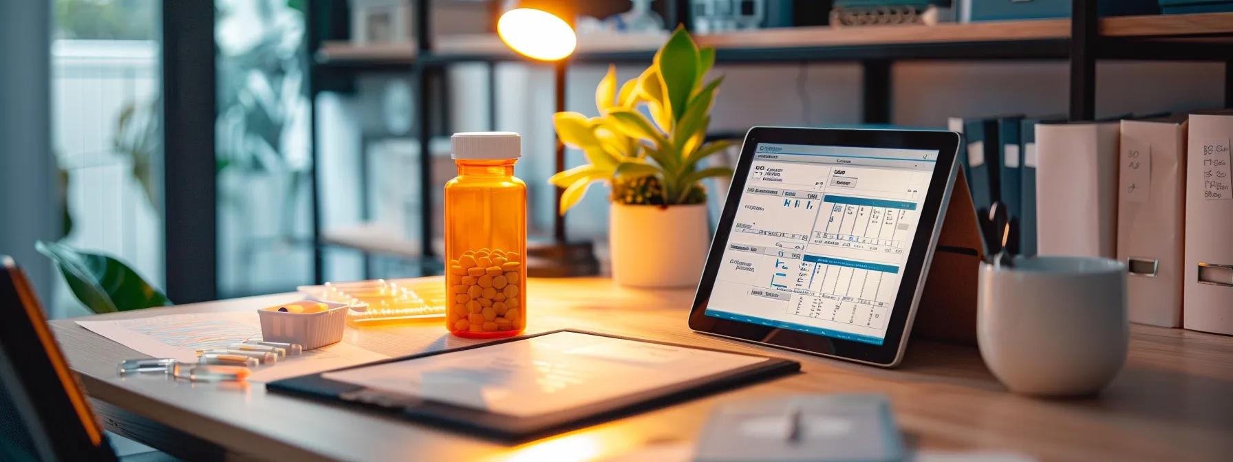 a sleek, modern office desk showcases a cutting-edge bottle of thcv medication alongside a digital tablet displaying focus-enhancing graphs, illuminated by focused, ambient lighting that highlights the theme of innovative alternatives to traditional medications.
