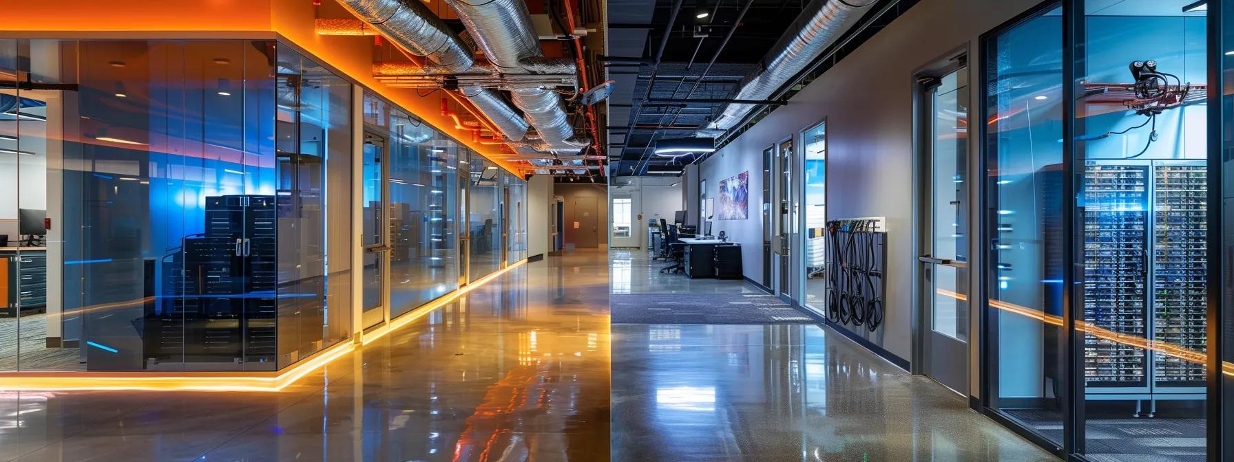 a sleek, modern office environment showcases advanced cooling systems in action, with intricate ductwork and smart sensors integrated into a high-tech server room, illuminated by cool, artificial lighting that highlights their innovative design.