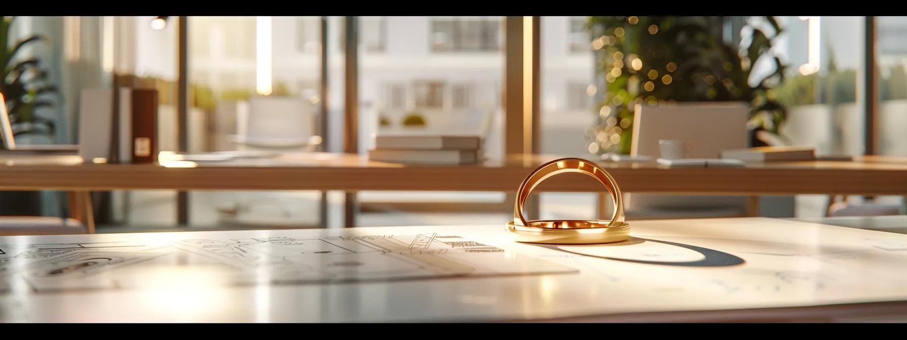 a sleek, modern office environment showcases an elegant titanium wedding ring resting on a minimalist desk, symbolizing hypoallergenic comfort for sensitive wearers amidst a backdrop of architectural design sketches and digital tools. a sleek, modern office environment showcases an elegant titanium wedding ring resting on a minimalist desk, symbolizing hypoallergenic comfort for sensitive wearers amidst a backdrop of architectural design sketches and digital tools.