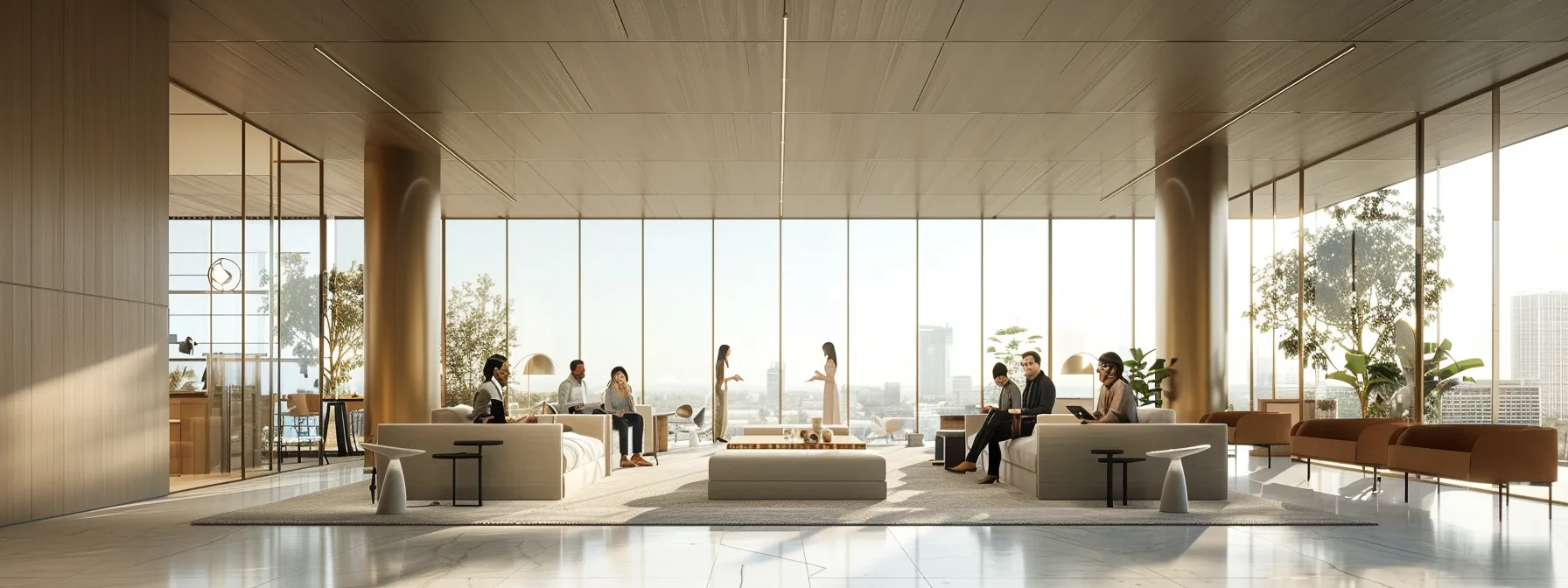 a sleek, modern office environment showcases a diverse group of professionals engaged in a dynamic brainstorming session, surrounded by large glass windows and minimalist furniture that accentuates the collaborative energy of the space.