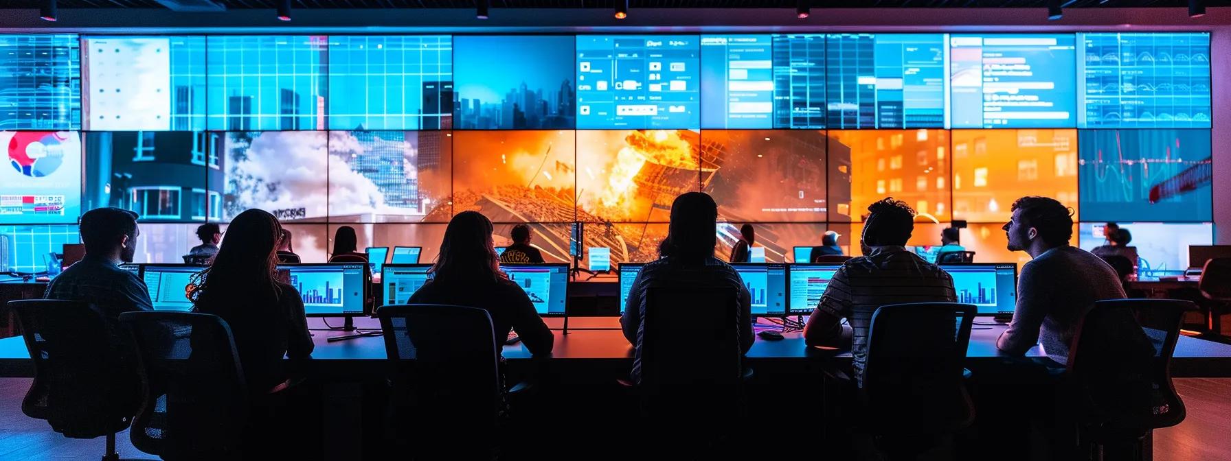 a sleek, modern office environment showcases a team of marketing professionals engaged in a digital strategy session, analyzing competitor data on large screens and brainstorming innovative content ideas to fill gaps in online marketing for a demolition contracting firm.
