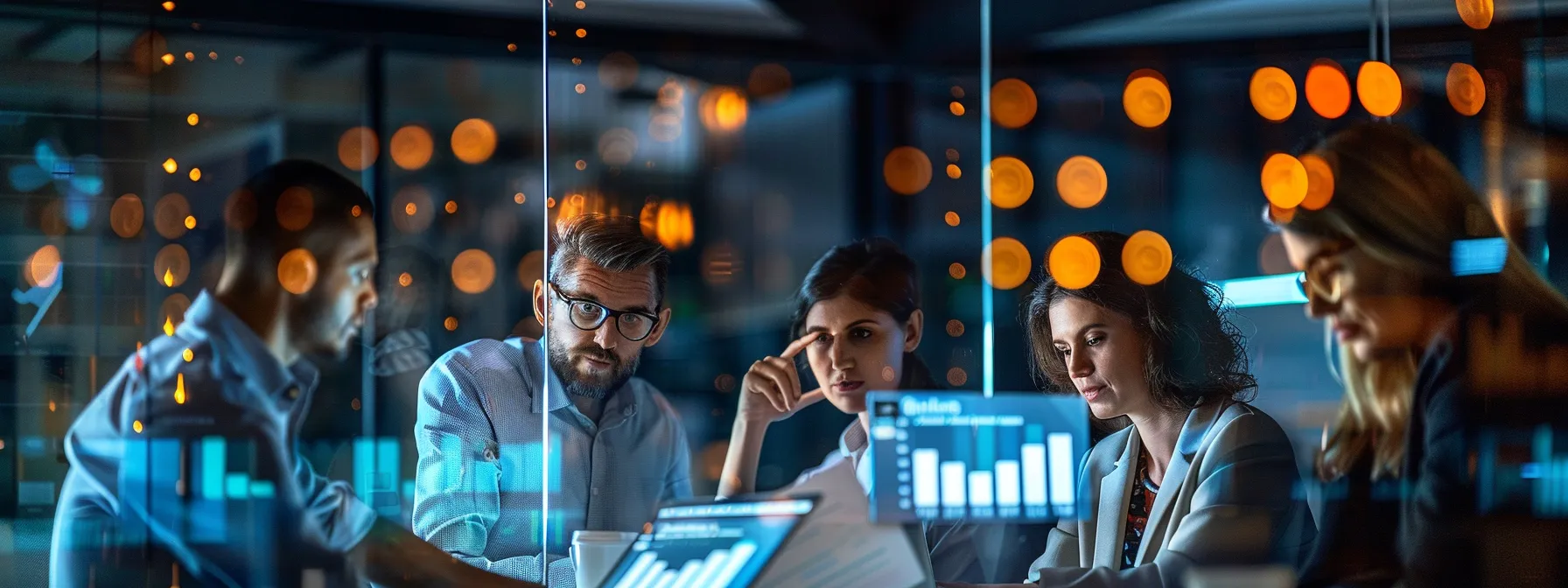 a sleek, modern office environment features a diverse team collaborating around a digital dashboard, analyzing competitor insights and response strategies while engaging in constructive dialogue, illuminated by soft, professional lighting.