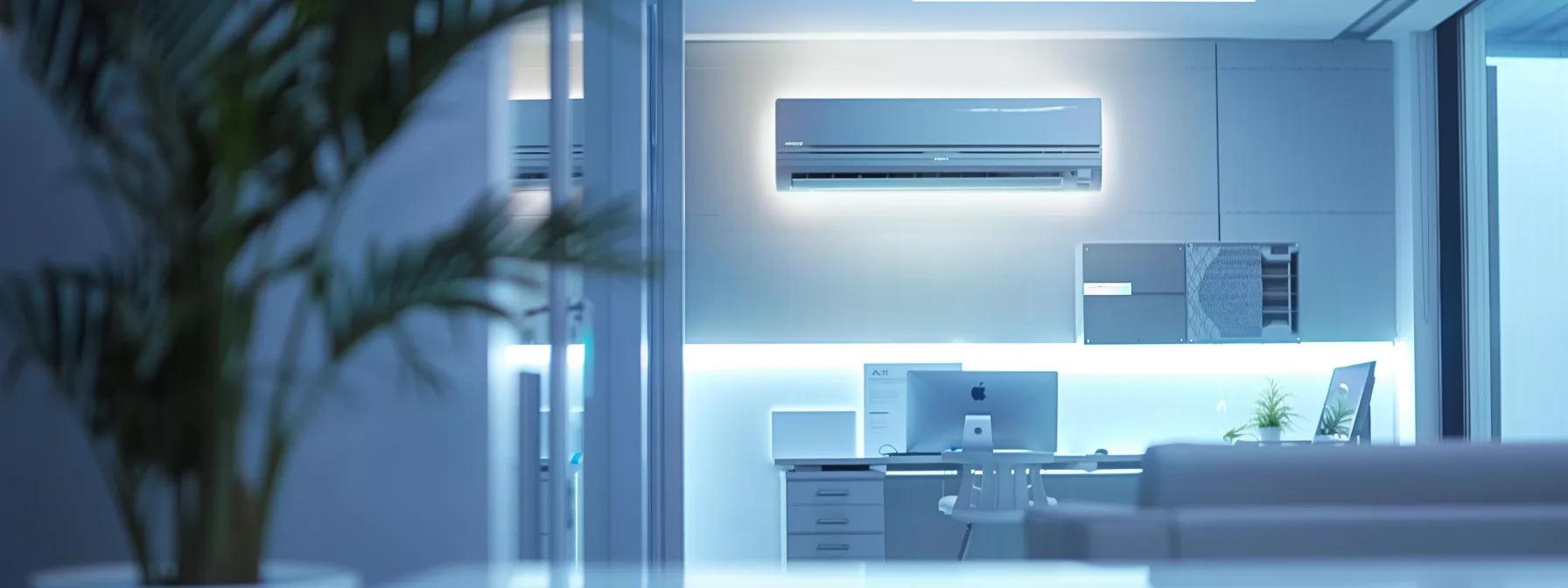 a sleek, modern office environment showcases grand boulevard ac professionals efficiently repairing and installing advanced hvac systems, highlighting their expertise in air quality management and maintenance services under bright, artificial lighting.