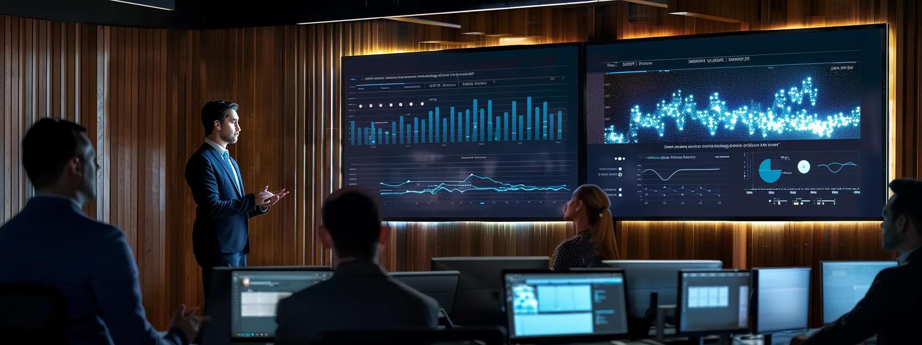 a sleek, modern office environment showcases a diverse team of experts engaged in lively discussions around high-tech workstations, with large screens displaying advanced wordpress analytics and digital strategy visuals, emphasising the cutting-edge solutions offered by an enterprise-level wordpress development agency.