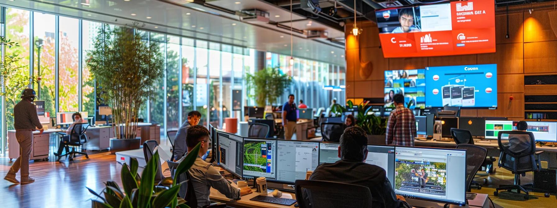 a sleek, modern office environment showcases a diverse team collaborating over a vibrant digital display, analyzing data analytics and crafting visually engaging ctv ad strategies amidst high-tech gadgets and screens.