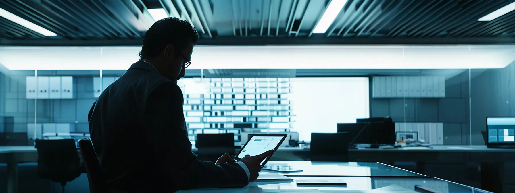 a sleek modern office environment, featuring a large screen displaying a digital document management system and a professional reviewing files on a tablet, illuminated by focused overhead lighting to accentuate the importance of regular document maintenance. a sleek modern office environment, featuring a large screen displaying a digital document management system and a professional reviewing files on a tablet, illuminated by focused overhead lighting to accentuate the importance of regular document maintenance.