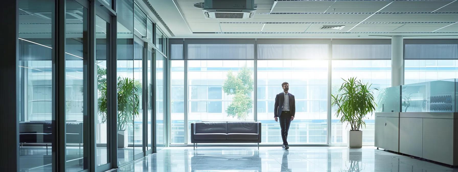 a sleek, modern office environment showcases a technician using advanced tools to inspect a large air conditioning unit, emphasizing the importance of annual professional maintenance and peak performance in a sharp, focused arrangement.