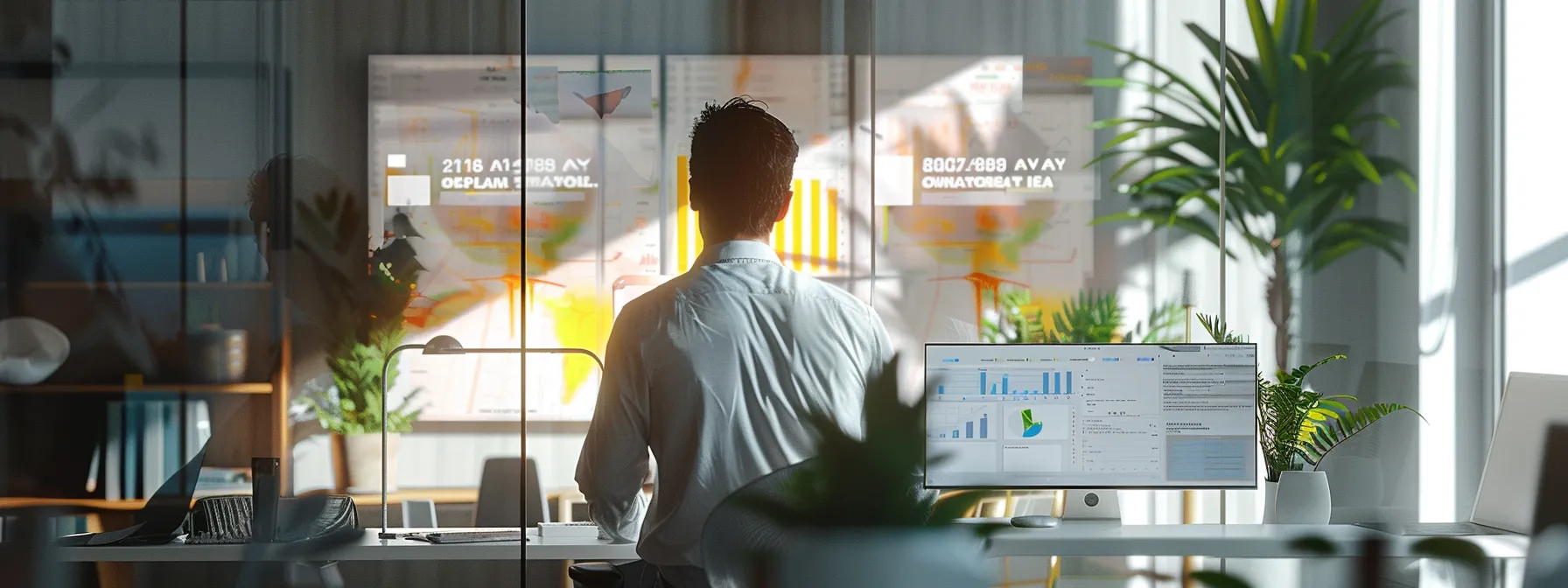 a sleek, modern office environment showcases a pest control expert analyzing a detailed property assessment report on a tablet, with graphics highlighting potential mosquito breeding sites like gutters and standing water projected on a clear glass wall.