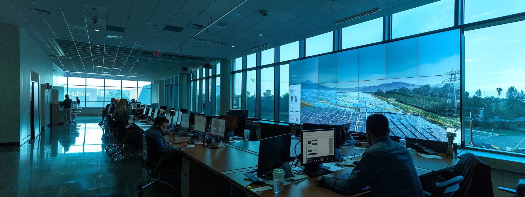 a sleek, modern office environment showcases a large digital screen displaying real-time analytics and drone images of solar panels, while diverse professionals engage in a focused discussion about ai-driven maintenance optimization and energy efficiency. a sleek, modern office environment showcases a large digital screen displaying real-time analytics and drone images of solar panels, while diverse professionals engage in a focused discussion about ai-driven maintenance optimization and energy efficiency.