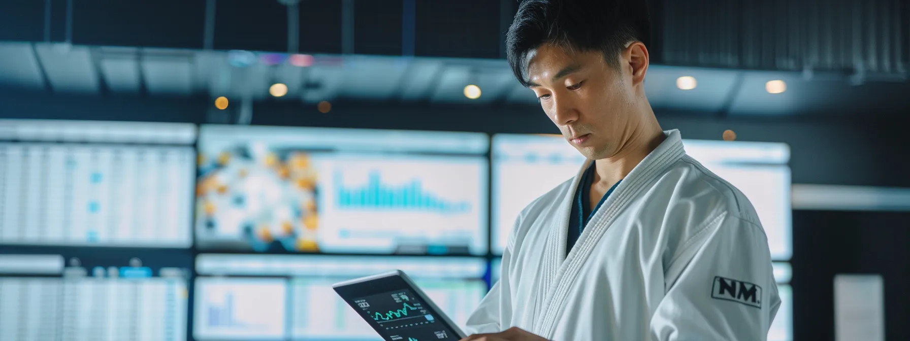 a sleek, modern office environment showcases a martial arts instructor reviewing detailed attendance reports on a tablet, with charts and statistics prominently displayed on a large screen behind, emphasizing the efficiency and technology of martial arts attendance software. a sleek, modern office environment showcases a martial arts instructor reviewing detailed attendance reports on a tablet, with charts and statistics prominently displayed on a large screen behind, emphasizing the efficiency and technology of martial arts attendance software.