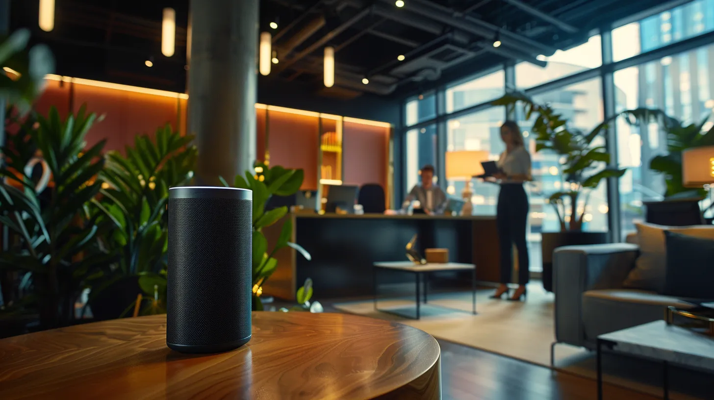 a sleek modern office environment showcases a user interacting with a voice ai assistant on a high-tech device, emphasizing the seamless integration of advanced technology in enhancing customer service experiences in the home services industry. a sleek modern office environment showcases a user interacting with a voice ai assistant on a high-tech device, emphasizing the seamless integration of advanced technology in enhancing customer service experiences in the home services industry.