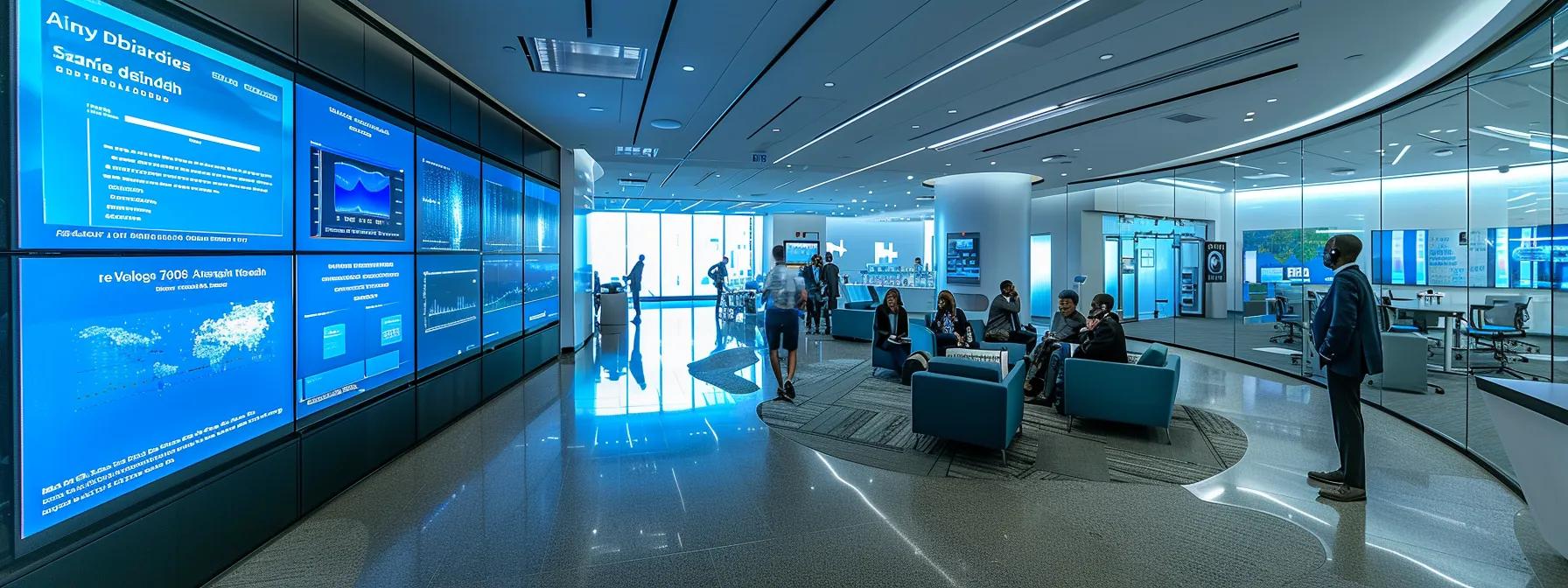 a sleek, modern office environment features a diverse team of professionals engaged in dynamic discussions around large digital screens displaying analytics, transaction monitoring graphs, and compliance dashboards, highlighting the importance of advanced aml software capabilities for regulatory adherence and operational efficiency.