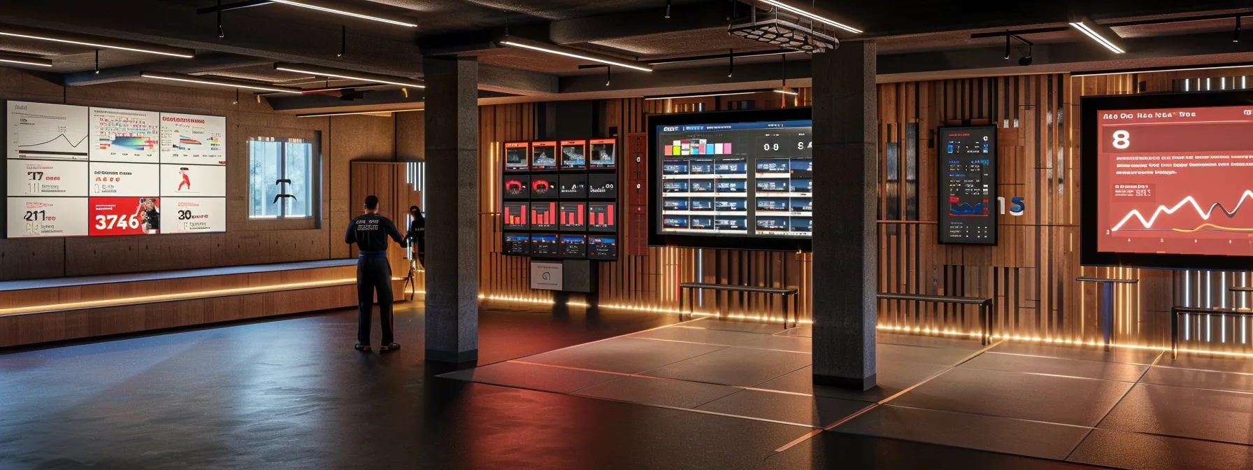 a sleek, modern office environment showcases a dynamic martial arts software interface on multiple high-resolution screens, displaying vibrant graphs for member engagement, automated billing systems, and belt rank tracking features, all illuminated by focused overhead lighting. a sleek, modern office environment showcases a dynamic martial arts software interface on multiple high-resolution screens, displaying vibrant graphs for member engagement, automated billing systems, and belt rank tracking features, all illuminated by focused overhead lighting.