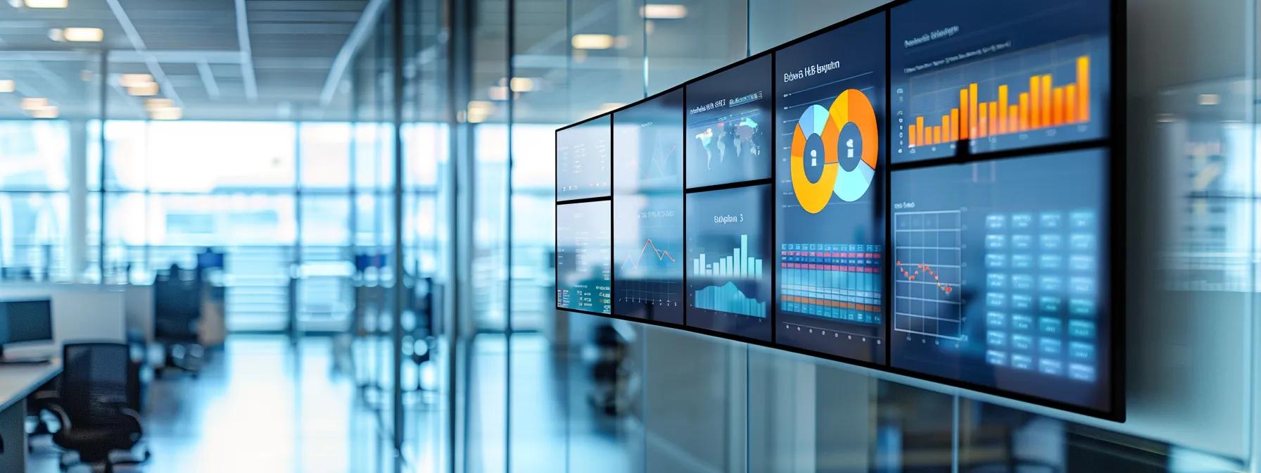 a sleek, modern office environment showcases a dynamic digital display featuring analytics dashboards and growth metrics, emphasising the strategic optimisation of enterprise wordpress solutions for enhanced user experience and security.