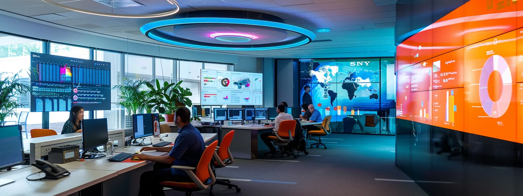 a sleek, modern office environment is filled with vibrant, high-tech screens displaying complex data visualizations, casting a dynamic glow that highlights the focus and intensity of a diverse group of professionals engaged in a strategic brainstorming session.