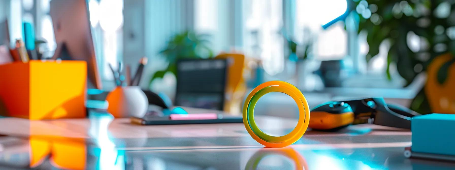 a sleek, modern office environment showcases a close-up of a colorful silicone ring prominently sitting on a polished desk, surrounded by high-tech gadgets and dynamic workspace elements, emphasizing its blend of style and durability for an active lifestyle. a sleek, modern office environment showcases a close-up of a colorful silicone ring prominently sitting on a polished desk, surrounded by high-tech gadgets and dynamic workspace elements, emphasizing its blend of style and durability for an active lifestyle.