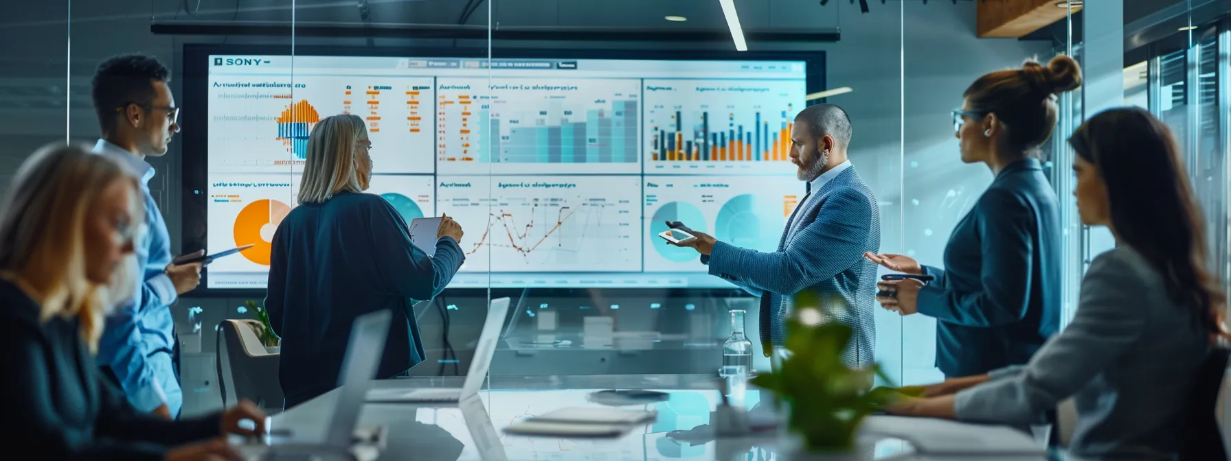 a sleek, modern office environment showcases a diverse team of professionals engaging around a large screen displaying vibrant data analytics, emphasizing the importance of expert target audience identification in a b2b lead generation strategy.