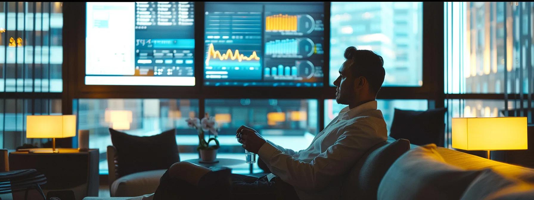 a sleek, modern office environment features a focused mortgage advisor discussing financial options with clients, surrounded by digital screens displaying mortgage rates and charts, under bright, contemporary lighting.