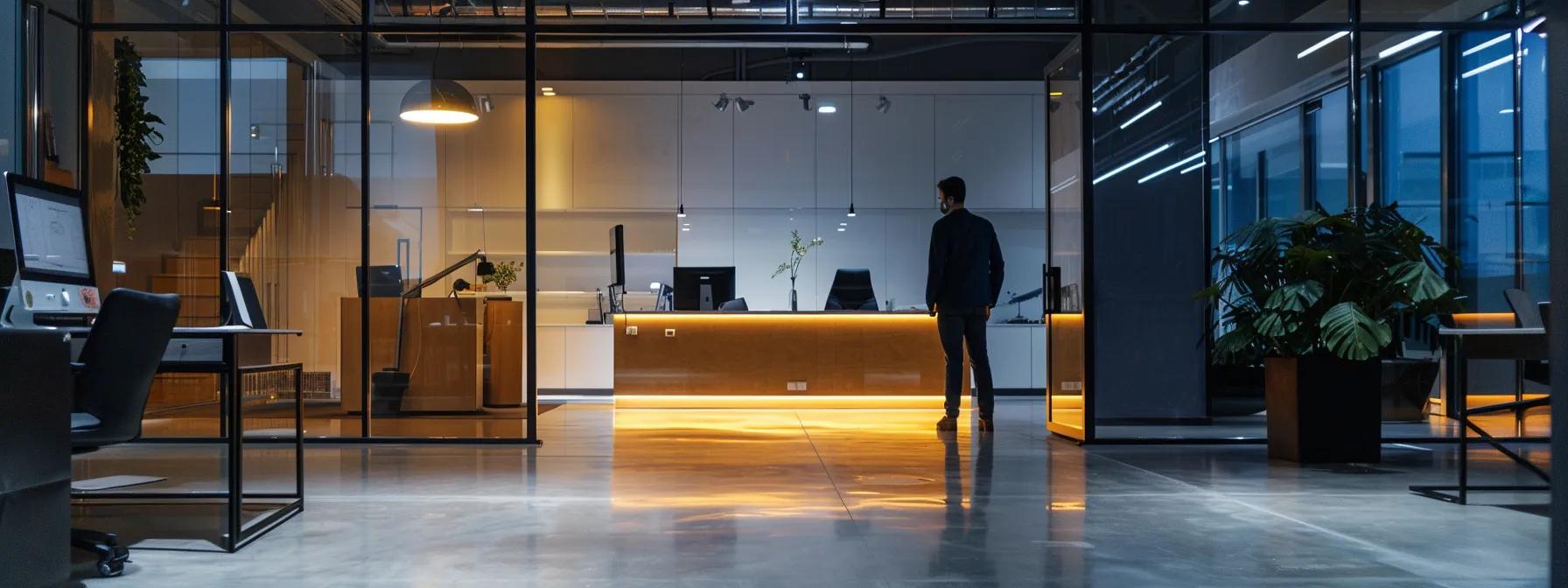 a sleek, modern office environment showcases a pest control professional inspecting a clean, clutter-free workspace, with highlighted areas indicating potential rodent entry points, under dramatic overhead lighting to emphasize vigilance and prevention.