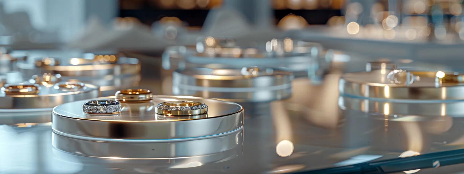 a sleek, modern office environment showcases an array of elegant metal wedding bands displayed on a minimalist glass table, reflecting soft ambient lighting that emphasizes their distinct finishes and textures.