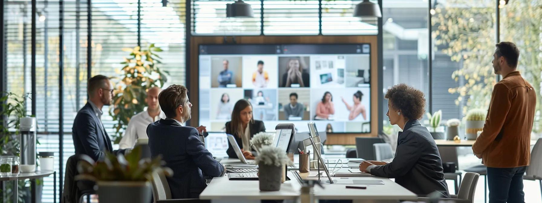 a sleek, modern office environment showcases a diverse team collaborating around a large screen, displaying vibrant visuals of product pages and captivating content strategies that drive sales and engagement.