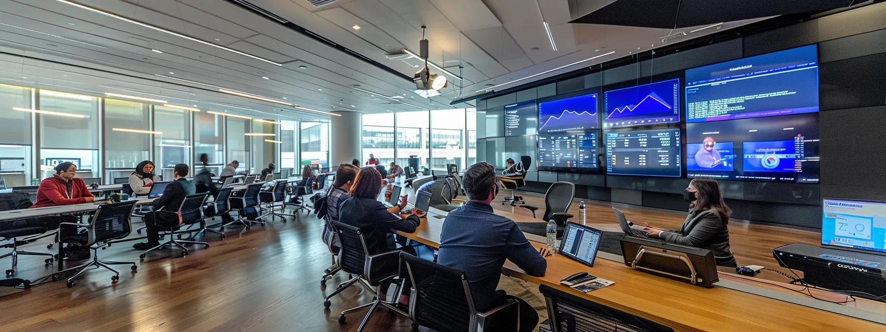 a sleek, modern office environment showcasing a diverse group of professionals engaged in a vibrant discussion around a large conference table, with digital screens displaying fluctuating mortgage rate graphs and economic data.