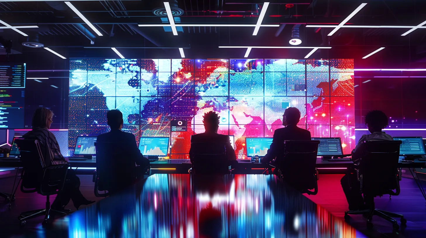 a sleek, modern office environment showcases a diverse group of professionals engaged in a dynamic discussion around a large screen displaying vibrant visual analytics of voice ai applications, emphasizing seamless communication and streamlined service efficiency. a sleek, modern office environment showcases a diverse group of professionals engaged in a dynamic discussion around a large screen displaying vibrant visual analytics of voice ai applications, emphasizing seamless communication and streamlined service efficiency.