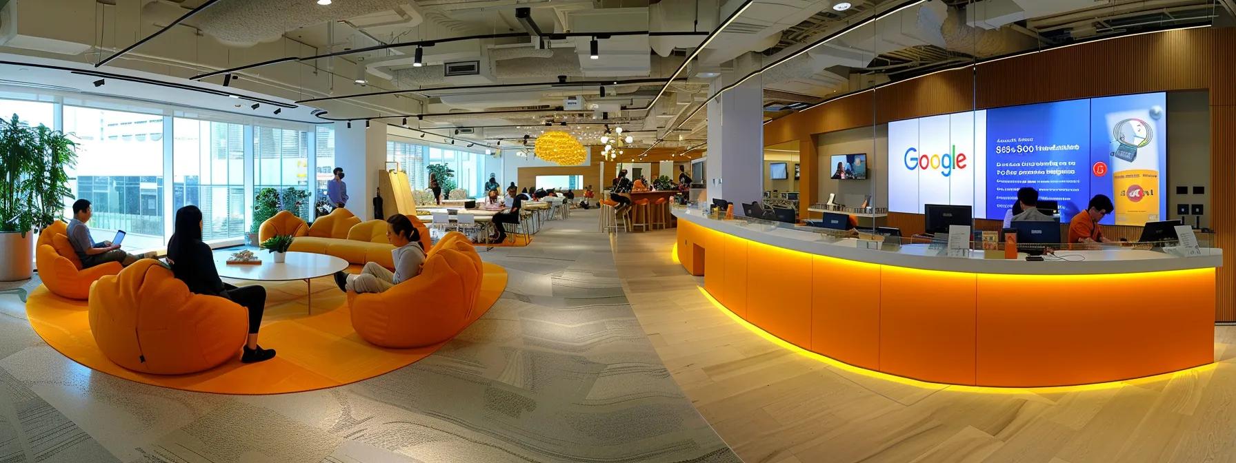 a sleek, modern office environment showcases diverse professionals engaged in dynamic discussions around a digital display, illustrating the strategic alignment of campaign objectives with google's advertising cost models.