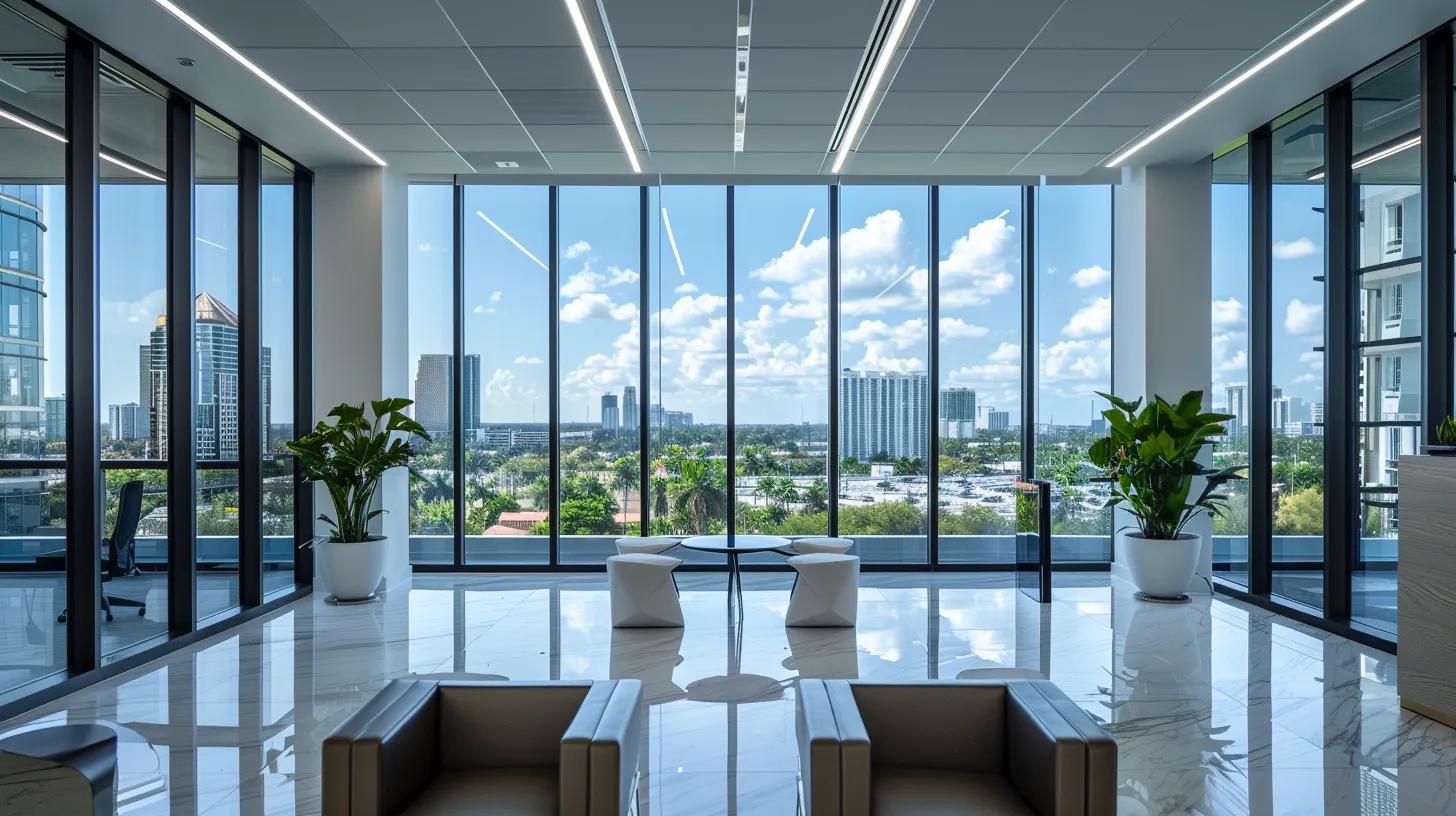 a sleek, modern office environment showcases a detailed display of high-quality impact windows, highlighting advanced frame construction and laminated glass against the backdrop of a bustling west palm beach skyline, emphasizing durability and energy efficiency in a competitive market.