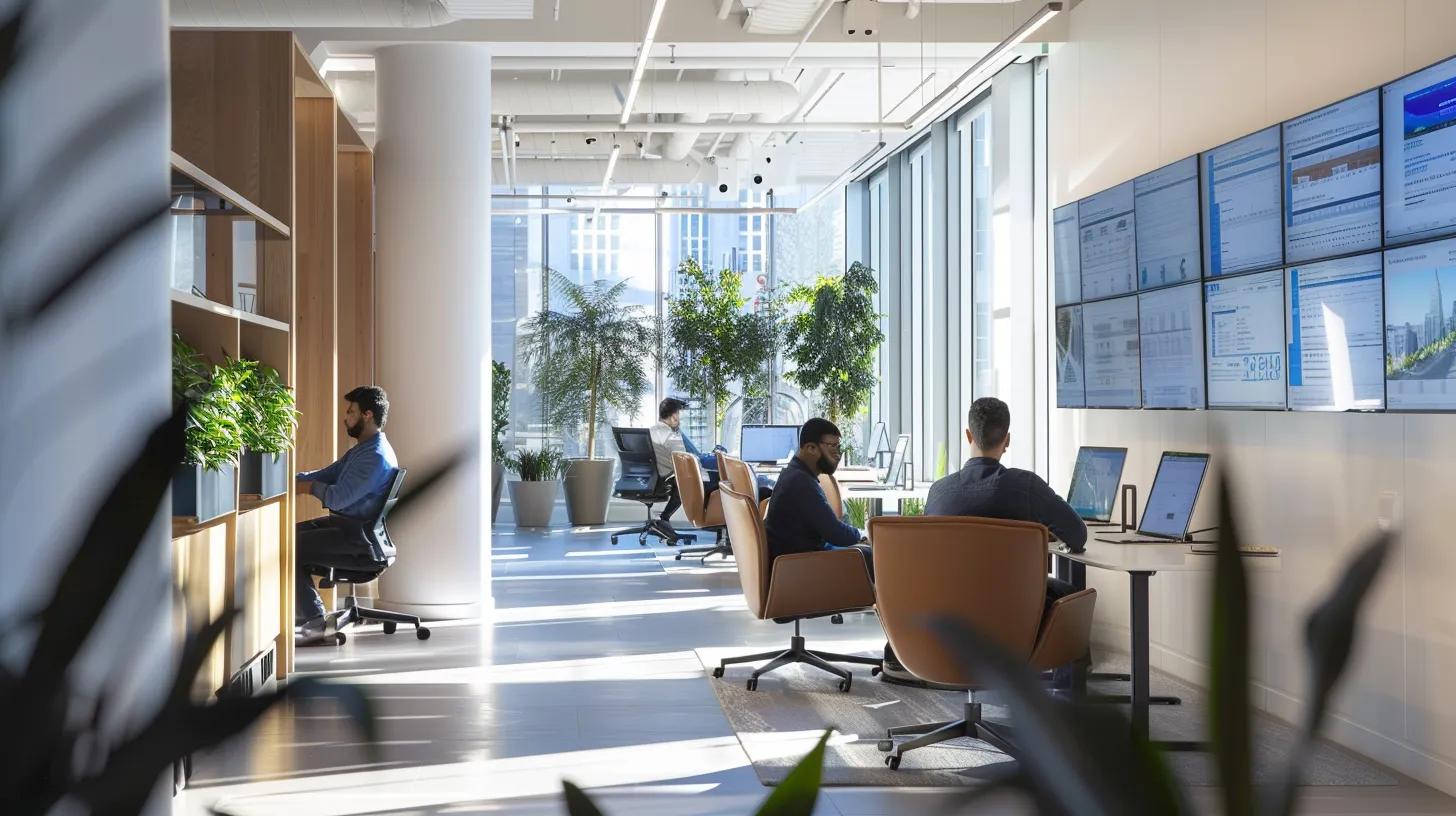 a sleek, modern office environment filled with contractors actively engaging with digital screens displaying official licensing resources and support networks, emphasizing professionalism and compliance in the construction industry.