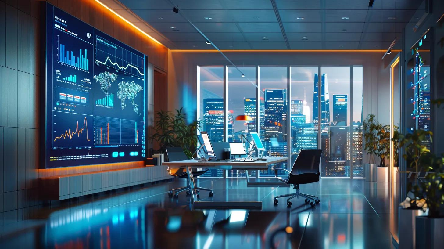 a sleek modern office equipped with advanced irrigation technology displays a detailed digital dashboard, showcasing data and graphs on optimal water usage for maintaining lush, green grass in urban landscapes.