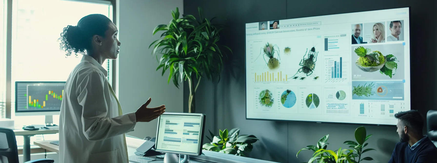 a sleek, modern office featuring a knowledgeable pest control professional discussing eco-friendly mosquito management strategies with a client, surrounded by charts illustrating the efficacy of natural solutions versus traditional pesticides under bright, focused lighting.