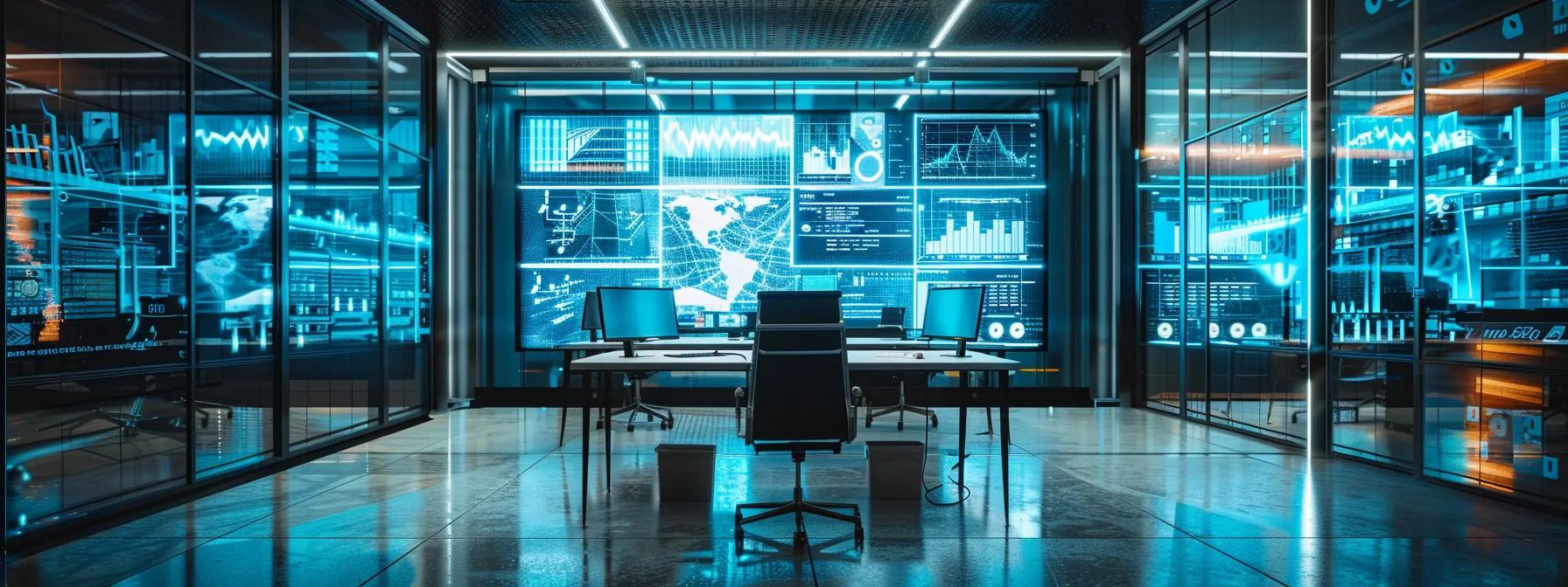 a sleek, modern office featuring a state-of-the-art advanced cooling system prominently displayed, surrounded by digital screens showcasing energy efficiency data and operational metrics, illuminated by dynamic artificial lighting that emphasizes the innovative technology.