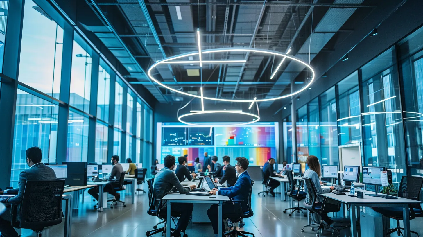 a sleek, modern office filled with diverse professionals collaborating intensely over high-tech devices, highlighted by vibrant digital displays and sharp overhead lighting.