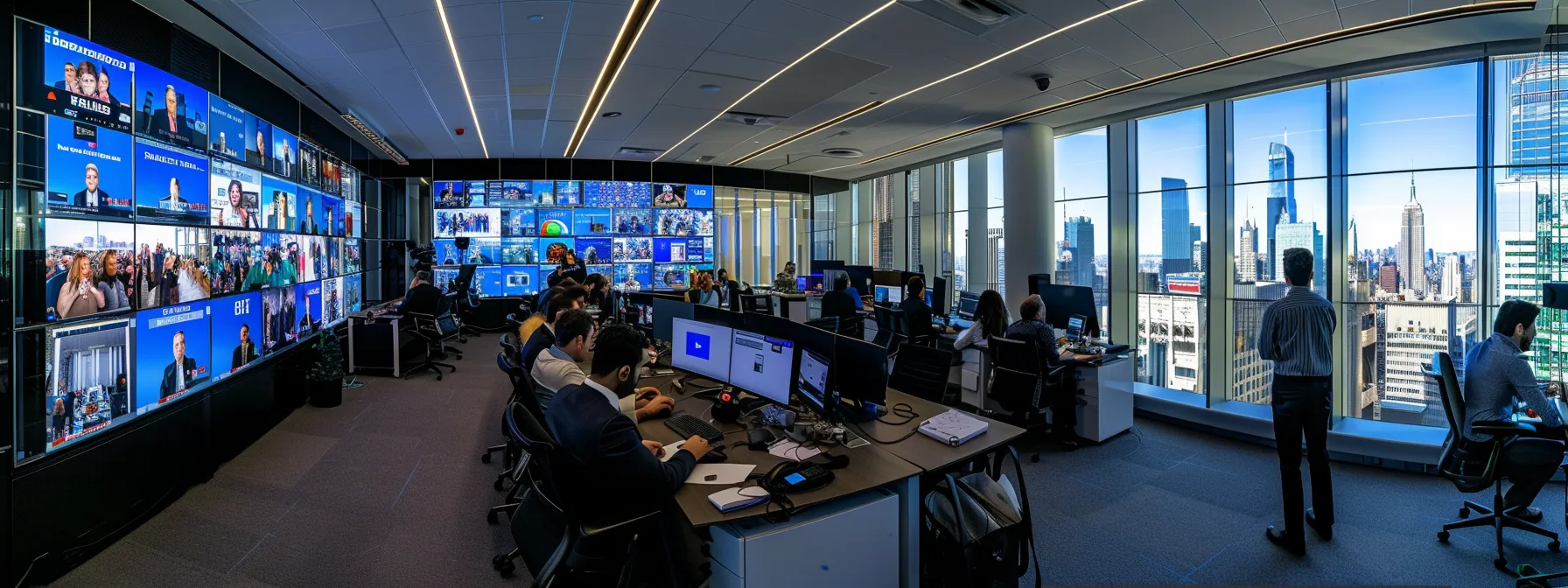 a sleek, modern office filled with attentive professionals engaged in a strategic meeting, analyzing dynamic visuals of tv coverage metrics on large screens while discussing the impactful role of a pr agency in securing media exposure across diverse sectors.