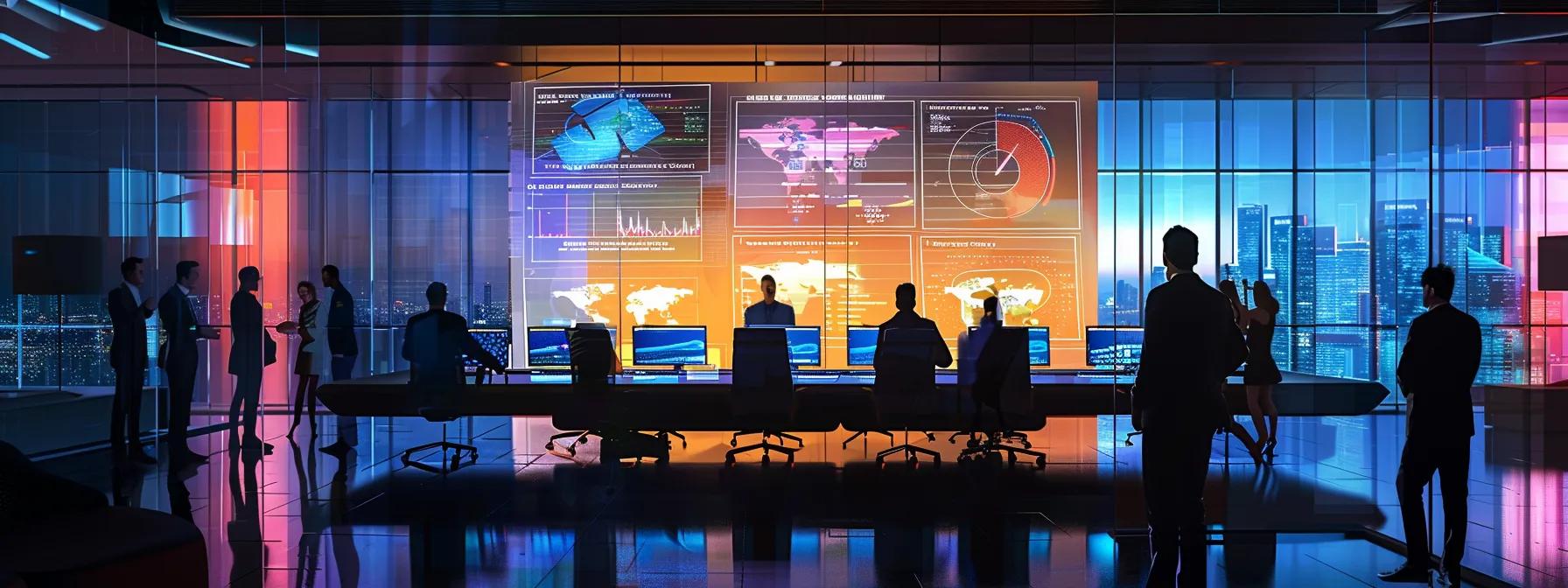 a sleek, modern office filled with high-tech analytical tools displays a large digital screen showcasing a vibrant infographic illustrating content gap analysis metrics, while a diverse team of professionals engages in focused discussion around a polished conference table.