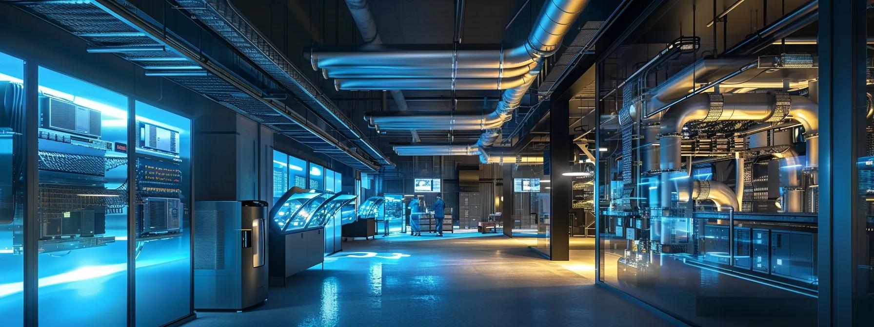 a sleek, modern office filled with advanced cooling system equipment, showcasing glowing digital displays and streamlined machinery, reflects the high-tech efficiency and sophistication essential for enhancing business performance and energy efficiency.
