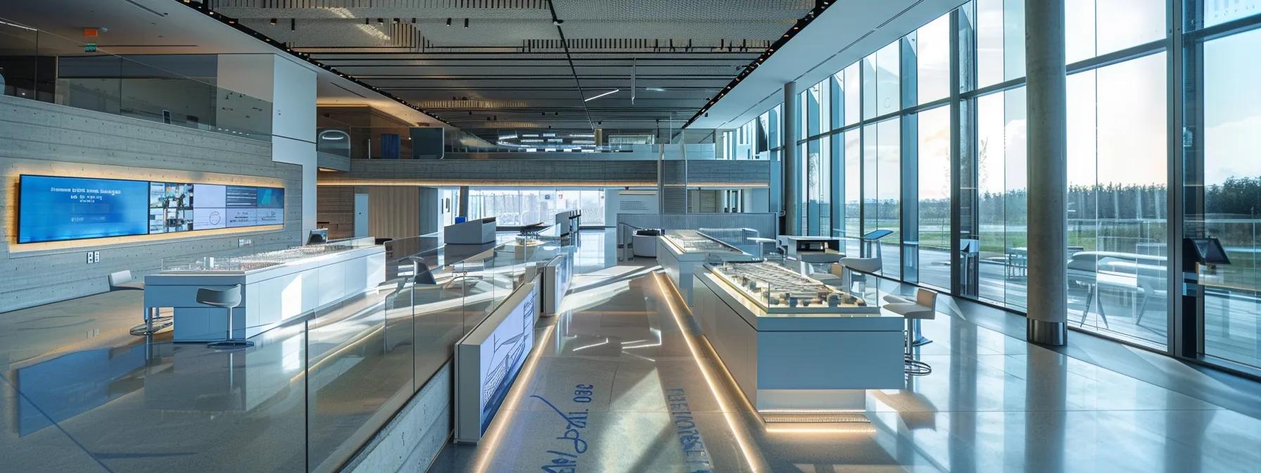 a sleek, modern office filled with innovative design elements showcases dynamic architectural models and interactive digital displays, highlighting the fusion of functionality and aesthetics in contemporary sustainable practices.
