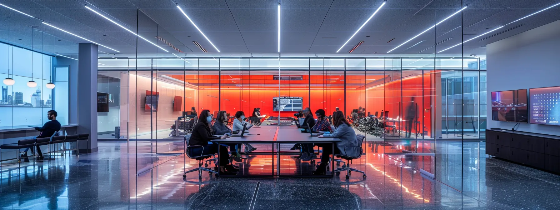 a sleek, modern office filled with dynamic professionals engaged in a vibrant brainstorming session, illuminated by innovative led lighting that reflects the energy and creativity of a forward-thinking company.