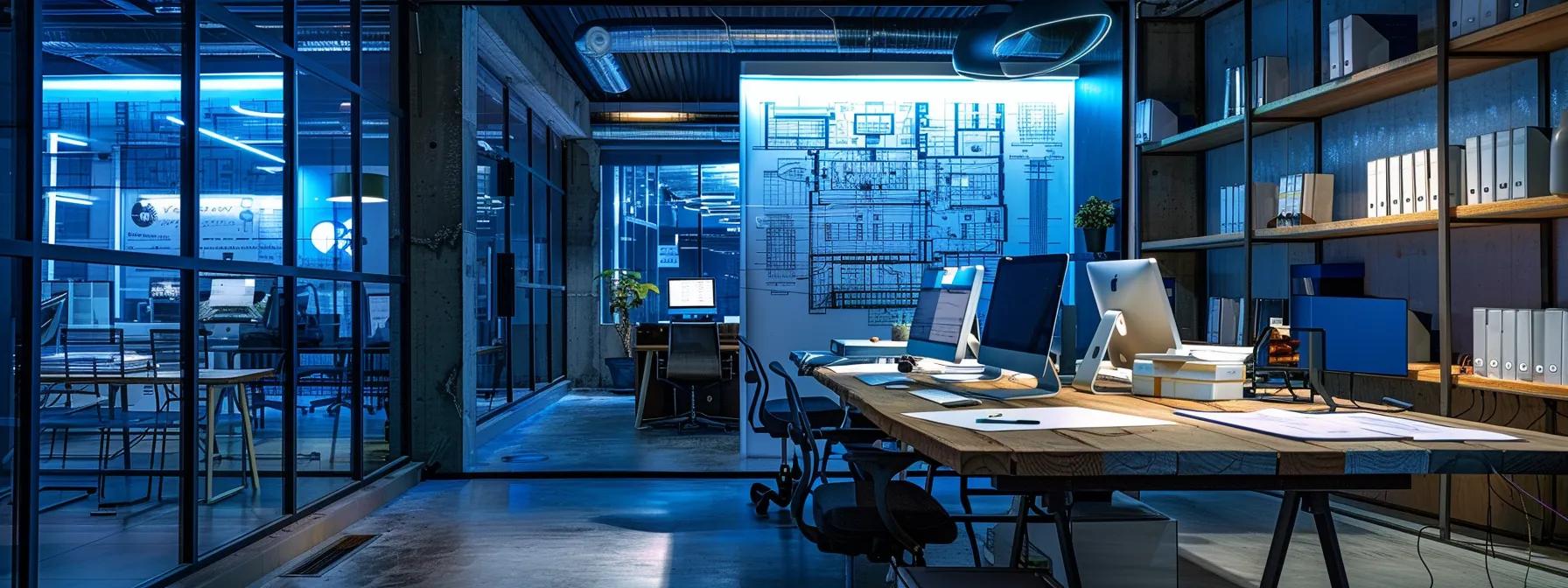 a sleek, modern office filled with sophisticated architectural blueprints and high-tech rhino planning tools, illuminated by vibrant led lights, showcasing a dynamic collaboration between architects and designers as they strategize future-proof building projects.