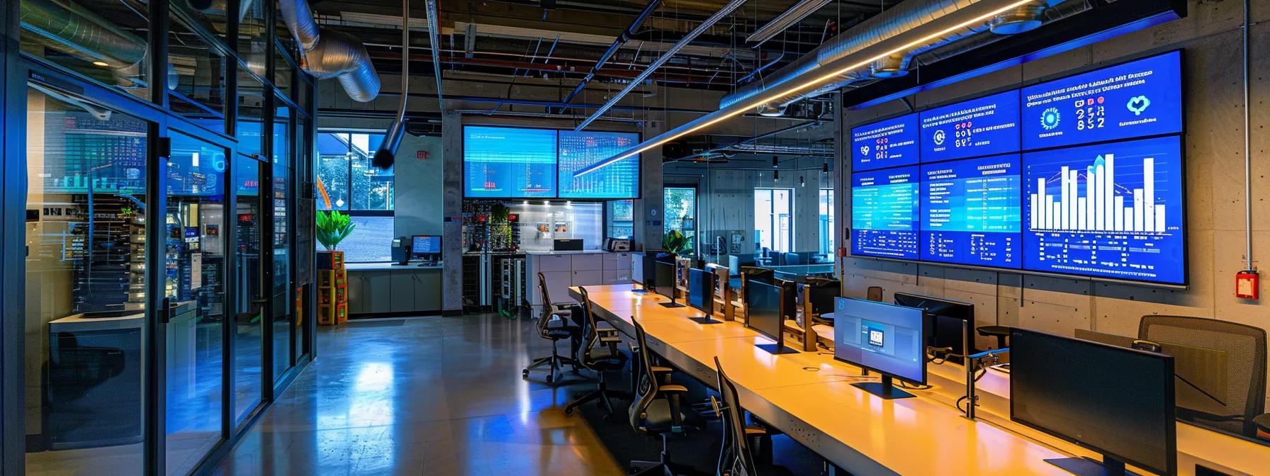 a sleek, modern office filled with advanced cooling systems, featuring digital interfaces displaying energy efficiency metrics surrounded by a high-tech ambiance that highlights the integration of artificial intelligence and sustainable practices.