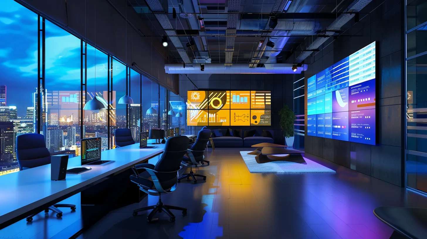 a sleek, modern office filled with vibrant, colorful digital screens displaying data analytics, illuminated by sharp, contrasting ambient lighting that highlights the dynamic atmosphere of innovation and collaboration. a sleek, modern office filled with vibrant, colorful digital screens displaying data analytics, illuminated by sharp, contrasting ambient lighting that highlights the dynamic atmosphere of innovation and collaboration.