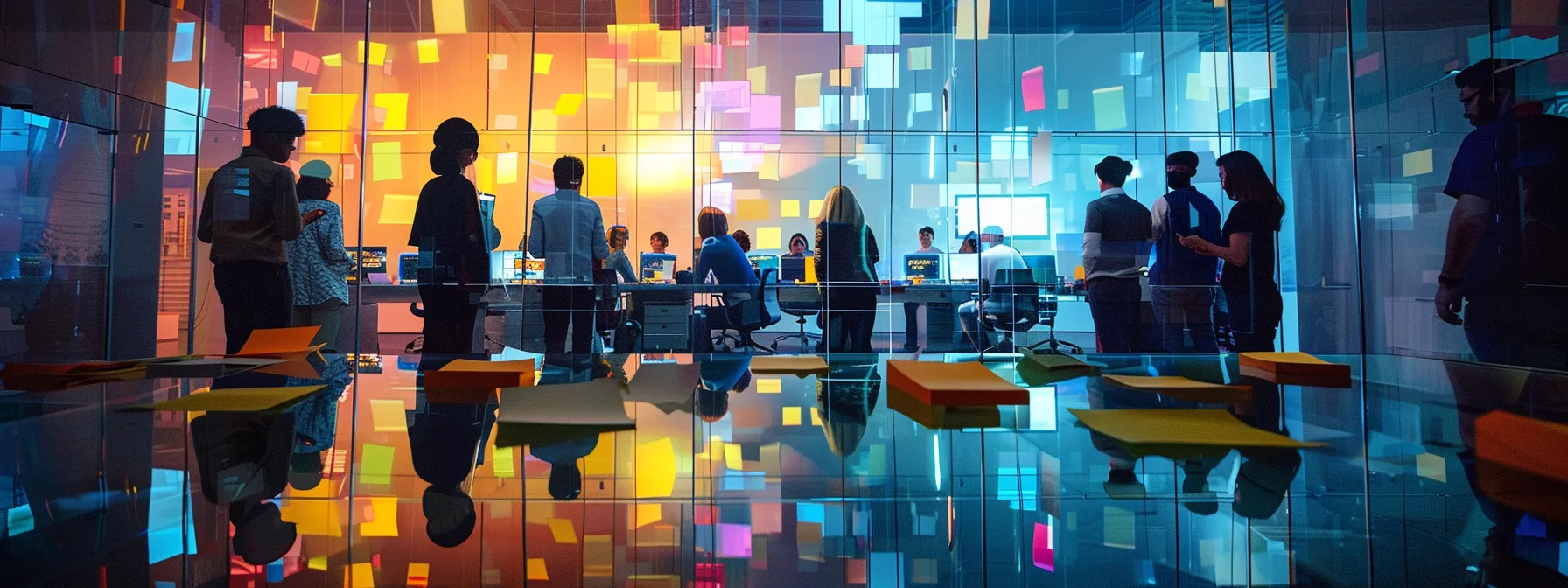a sleek, modern office filled with diverse professionals engaged in a collaborative brainstorming session, illuminated by dynamic overhead lighting reflecting vibrant post-it notes scattered across a large glass table.