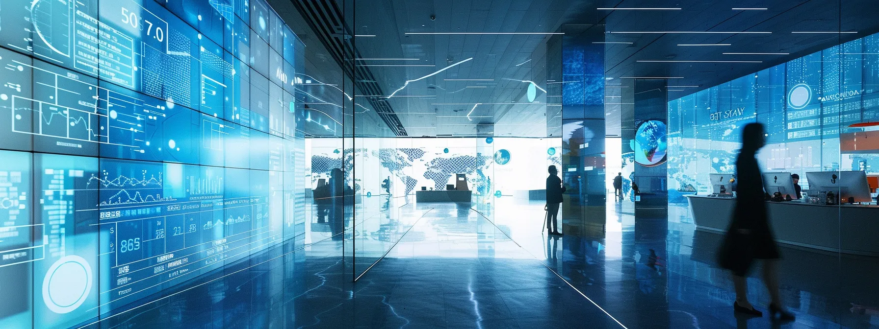 a sleek, modern office filled with cutting-edge technology, featuring a large digital display showcasing vibrant data visualizations against a backdrop of glass walls and steel accents.