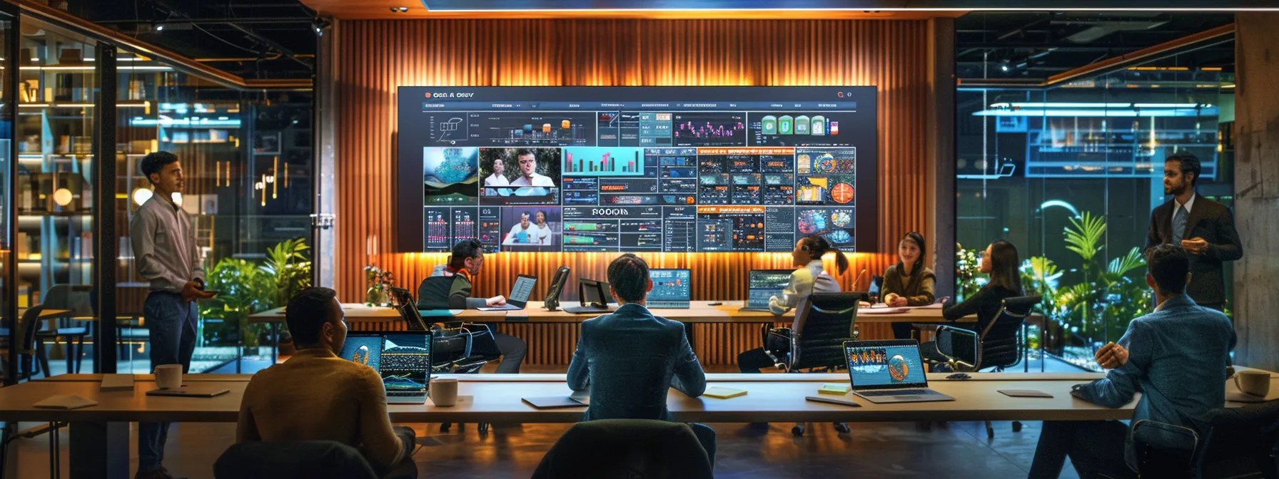 a sleek, modern office filled with vibrant, high-tech gadgets showcases a dynamic team engaged in an intense brainstorming session around a large digital screen displaying innovative ideas. a sleek, modern office filled with vibrant, high-tech gadgets showcases a dynamic team engaged in an intense brainstorming session around a large digital screen displaying innovative ideas.