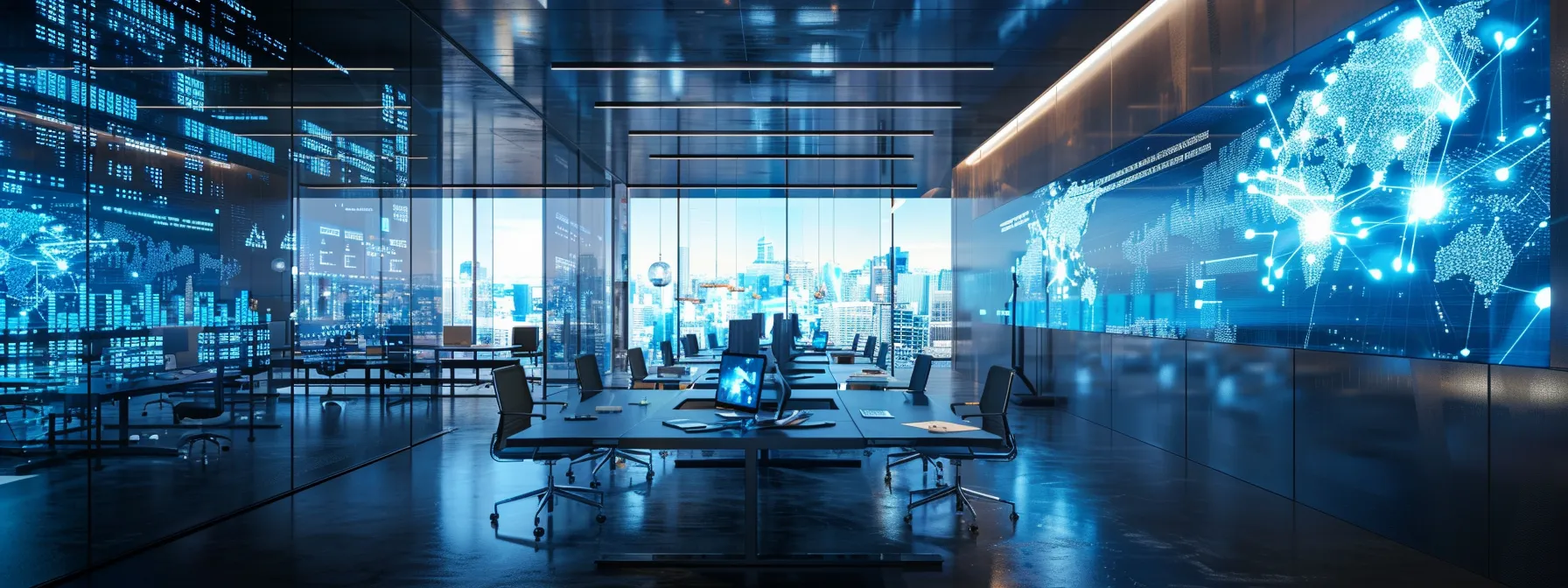 a sleek, modern office filled with vibrant holographic displays showcasing advanced data analytics, contrasted against a backdrop of polished glass and steel, exuding an atmosphere of innovation and technological prowess.